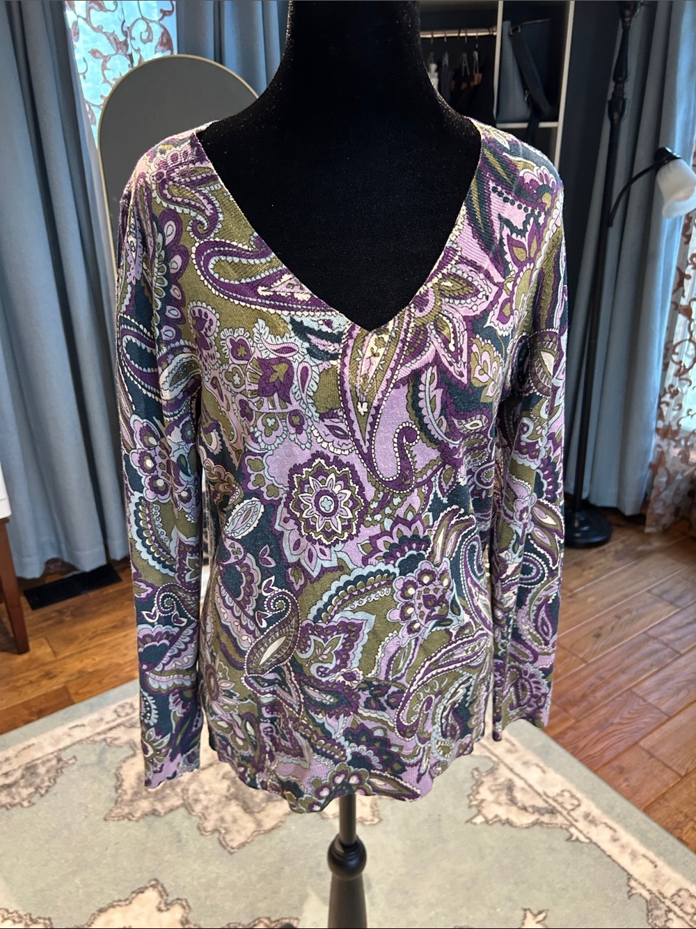 Talbots Paisley V-Neck Long Sleeve Top in Lavender and Olive Green